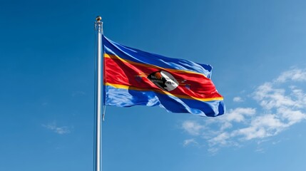Obraz premium Vibrant flag of Eswatini fluttering proudly against a clear blue sky