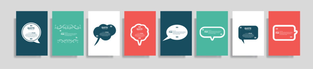 Collection of blank quote frame templates. Text in brackets, empty quote speech bubble, quotation. Text box isolated on color background. Vector illustration