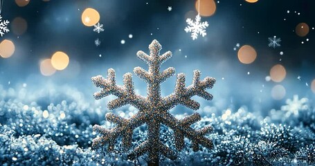 A sparkling snowflake on blue-toned backdrop with bokeh, snowflakes and a blurred background with a glittery, snowy surface. Snowflake is a central focus, ideal for winter themed projects. - Powered by Adobe