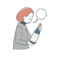 お酒の瓶を見て考えている女性のイラスト