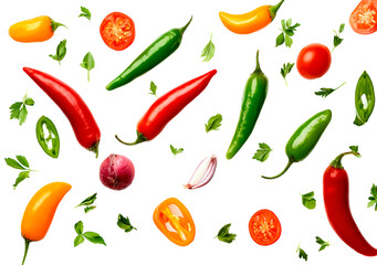 Vibrant arrangement of fresh peppers, tomatoes, and herbs on transparent background, PNG
