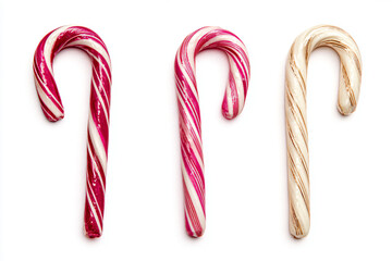 three candy canes are lined up on a white surface