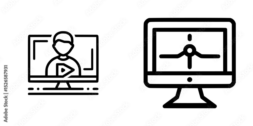 Poster icon set featuring computer screens with user avatars and navigation symbols for digital interfaces