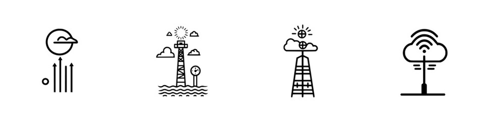 Icon set depicting weather symbols, energy sources, and communication signals in a minimalist style for various applications