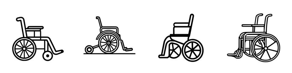 Collection of simple wheelchair icons depicting various angles and styles for accessibility design use