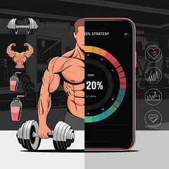 2d vector strong muscle pose strong body builder anatomy hairy at gym with bundle Doing exercises
