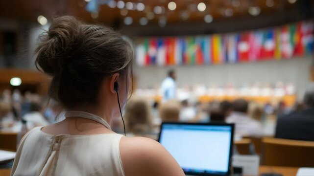 A conference participant monitors live speech translation on screen during plenary session. Concept of seamless language exchange.