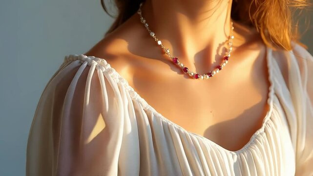 Softly lit close-up of a woman wearing a delicate ruby and pearl necklace with a flowing white top. Warm, elegant, and intimate