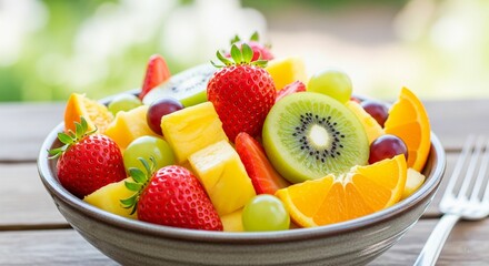 a fresh fruit salad in a bowl, a common dish made from a combination of various fruits.
It typically includes fruits such as strawberries, kiwi, grapes, and oranges