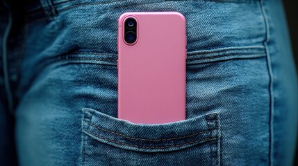 Pink phone in back denim pocket