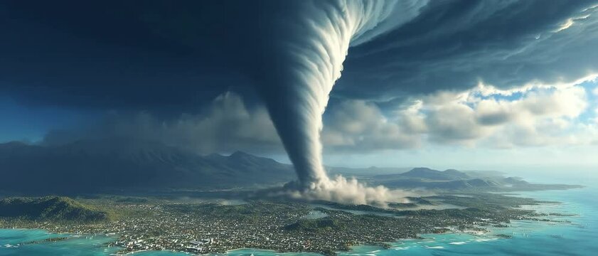 A massive tornado spirals over dark ocean whipping waves into white spray. Concept of extreme weather power.