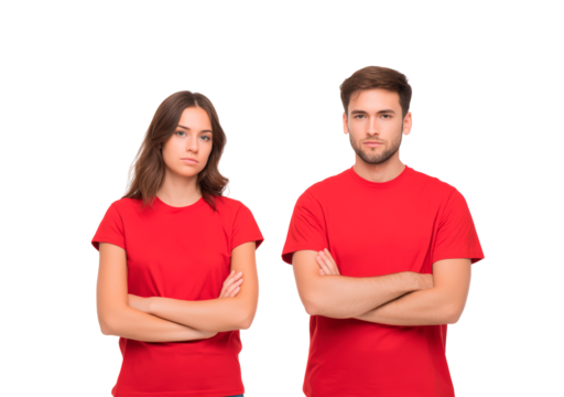 Young couple in red t-shirts standing serious with folded arms on transparent background, PNG