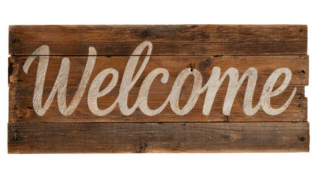 White welcome sign painted on a weathered wooden plank, offering a rustic greeting with a transparent background for easy integration into designs
