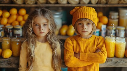 Children operating rival lemonade stands in a competitive business venture