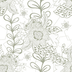 Pastel outline seamless pattern Floral folk background Flowers wallpaper plants on white background