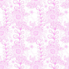 Pastel outline seamless pattern Floral folk background Flowers wallpaper plants on white background