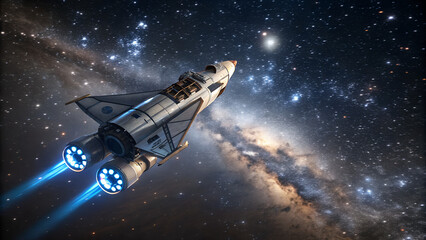 Obraz premium Une fusée futuriste s'envolant à travers une galaxie remplie d'étoiles.