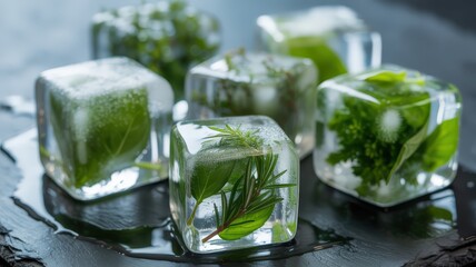 Ice cubes with herbs inside on a dark surface. Food and drink concept.