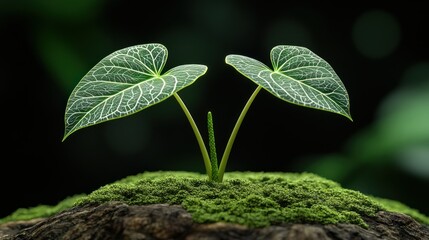Naklejka premium Two young, heart-shaped leaves sprout from a mossy mound
