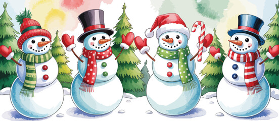 Four Adorable Snowmen in Winter Wonderland Scene