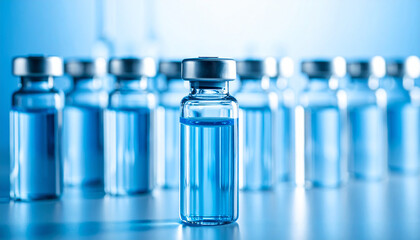 Glass vial with liquid drug. Vaccination concept. Vaccine for virus infection. Blue tones.