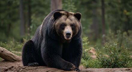 Bear Sits on Dirt Ground in Forest
