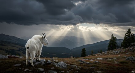 Mountain Goat in Landscape with Sun Rays