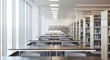 Modern Library Interior with Empty Study Tables and Bookshelves