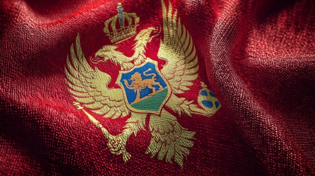 Silk flag of Montenegro displays rich red and gold hues, showcasing the intricate coat of arms with a crowned double-headed eagle.