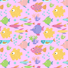 Vibrant marine-themed vector pattern with cartoon fish and coral elements. Suitable for children’s textiles, beach-themed prints, and digital us