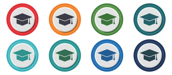 Eight Colorful Graduation Cap Icons on Circles