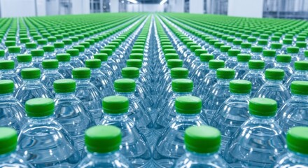 Rows of plastic water bottles with green caps on a production line in a modern bottling plant