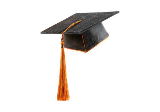 Graduation cap with orange tassel isolated on black background, On Transparent Background