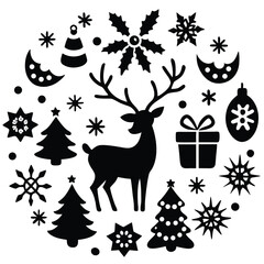 Fototapeta premium A black and white illustration of a reindeer surrounded by various christmas symbols, isolated on white background