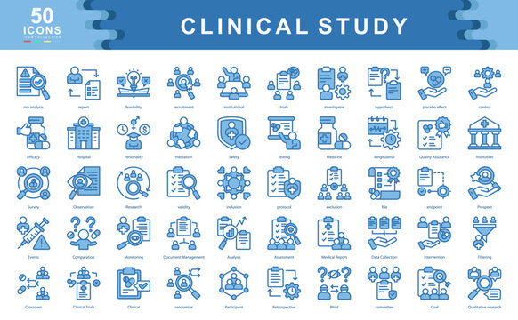 The Clinical Study blue icon set highlights essential elements of scientific trials and medical research.ideal for illustrating protocols, data validation, risk evaluation, and regulatory compliance.