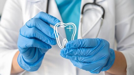 Doctors gloved hands gently hold a digital tooth icon symbolizing dental health, care, and wellness. A positive healthcare message is conveyed.