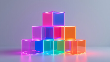 Obraz premium Transparent neon glowing cubes stacked in pyramid shape with vibrant pink, blue, orange, and green colors creating futuristic and colorful display