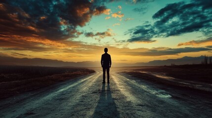 Solitary Figure Contemplating a Dusty Path at Sunset