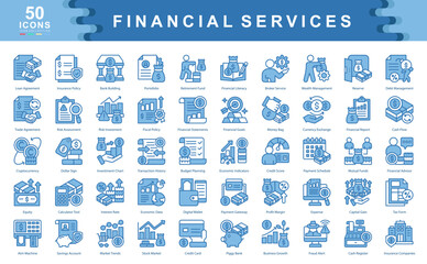 The Financial Services icon set defines key drivers of financial success such as investment, risk assessment, and capital growth, ideal for fintech apps, advisory platforms, and economic planning.