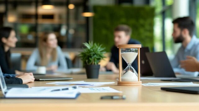Team meeting with hourglass in modern office illustrating time management and project deadline