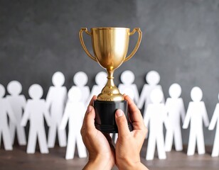 Hands Holding Golden Trophy Against Background of Paper Cut-Out People Symbolizing Achievement, Success, Competition, and Motivation in Team Environment