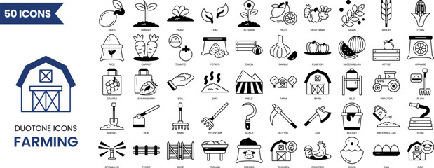 Farming icon set in duotone style. Contain icons related to Farm, Farmer, Agricultural, Harvesting, fruit and vegetables, livestock and more. Vector illustration