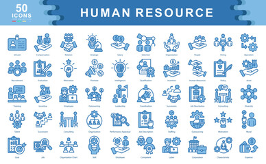 Human Resources icon collection set. Containing Id Card,Salary, Finance,Leadership, Talent,Goal,Labor,Intelligence,Outsourcing,Diversity icon.Simple blue vector.