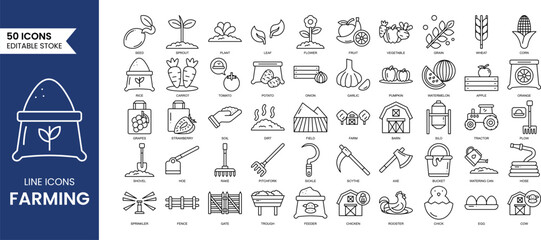 Farming line editable icon set. Contain icons related to Farm, Farmer, Agricultural, Harvesting, fruit and vegetables, livestock and more. Vector illustration