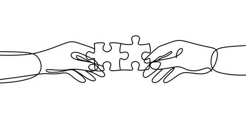 Two Hands Connecting Puzzle Pieces One Line Art