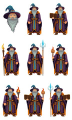 ancient fantasy magic sorcerer wizard witcher elderly man with beard in hat and cape cartoon vector illustration isolated on white background