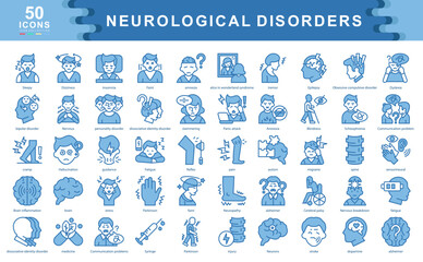 Neurological Disorders blue icon collection set. Containing Sleepy,Stroke,Parkinson,Insomnia, Alzheimer, Nervous, stress,Fatigue,Brain,Medicine,Hallucination icon.Simple line vector