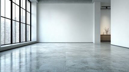 Fototapeta premium A spacious, empty modern room with large floor-to-ceiling windows letting in natural light and a polished concrete floor.