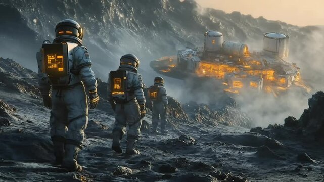 Astronauts exploring alien outpost on rugged extraterrestrial terrain