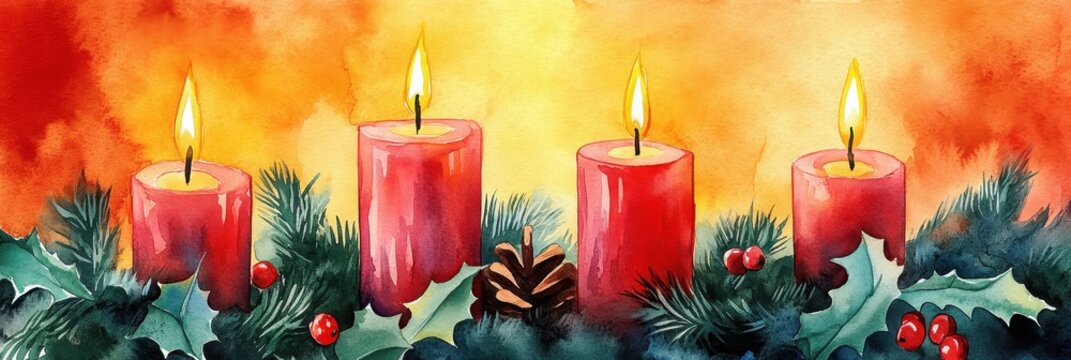 Advent Christian. Watercolor Christmas Background with Advent Wreath and Candles